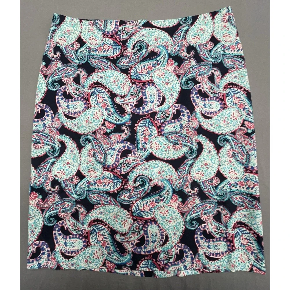Talbots Pencil Skirt 10P‎ Blue Paisley Cotton Stretch Preppy Coastal Artsy
